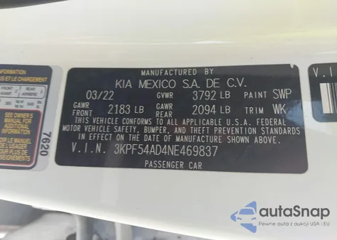 2022 Kia Forte Gt-Line из США, поврежденный, VIN 3KPF54AD4NE469837